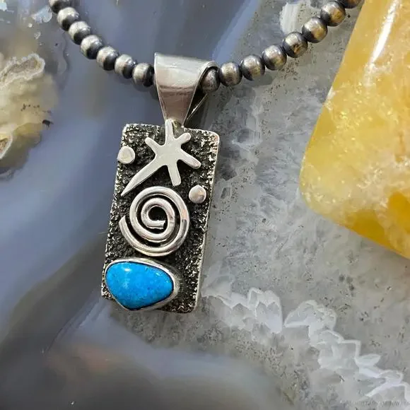 Alex Sanchez Native American Sterling Petroglyph Turquoise Dainty Pendant #7 - Picture 5 of 10